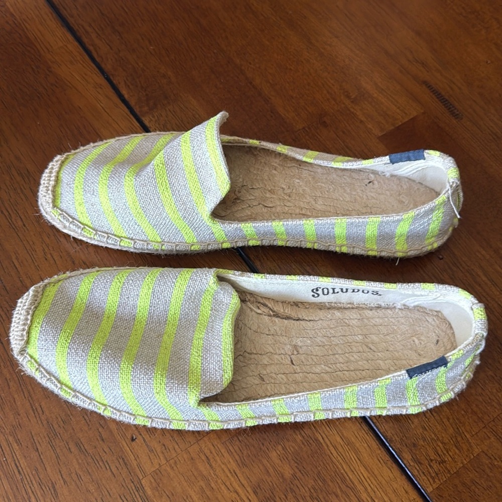 Soludos Espadrille Shoes neon yellow Striped Canvas Jute Trim Rubber Outsole